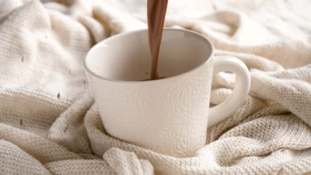 Leche Caliente Con Cacao Vertiendo Una Taza — Vídeos de Stock