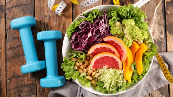 Diet Food Concept Vegetable Salad Meter Dumbbell — Stock Photo, Image