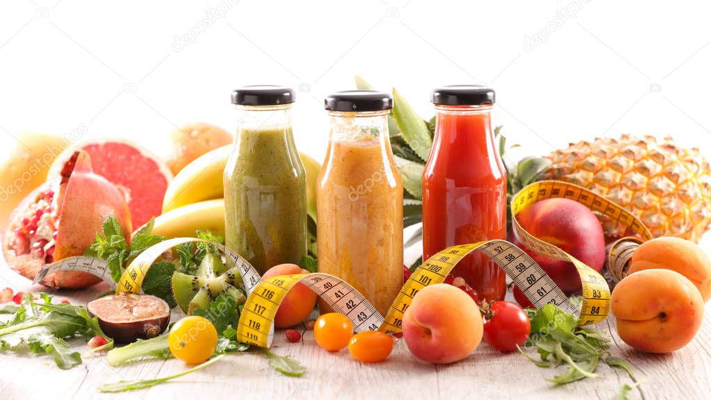 assortment of fruit juice with meter, healthy drink concept
