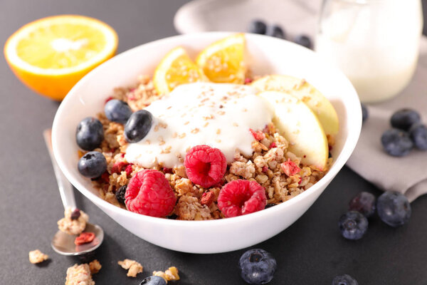 muesli, yogurt and fruit- healthy breakfast