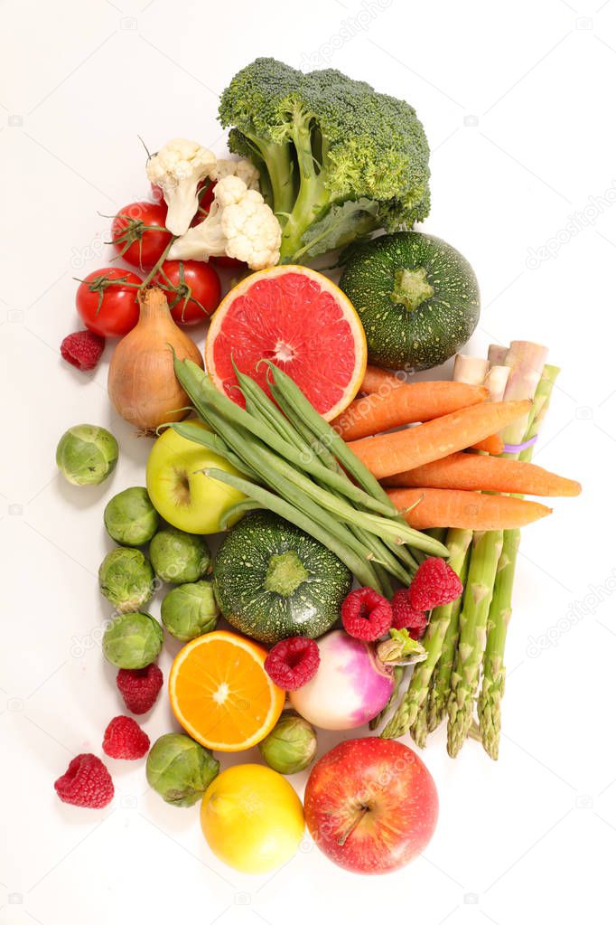 selection of health food, fruit and vegetable on white background