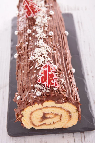 Czekolada Yule Log Ciasto Świąteczne — Zdjęcie stockowe