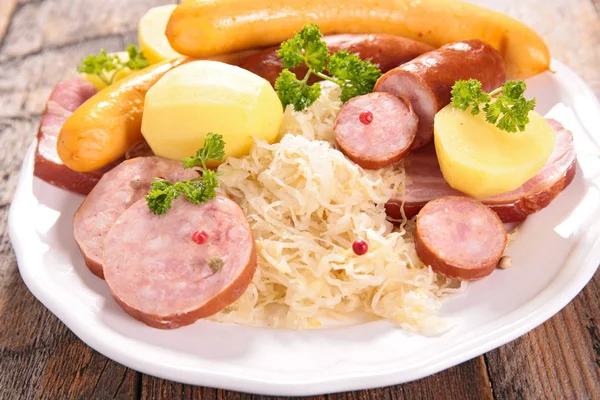 Sauerkraut, garman food with cabbage, sausage and potato — Stock Image Sauerkraut Garman Food Cabbage Sausage Potato Stock Image