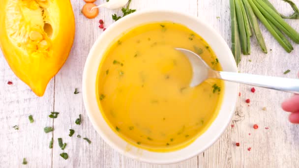 Bowl Pumpkin Soup Herbs — Stock Video