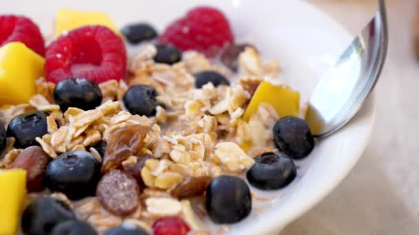 Primer Plano Muesli Con Leche Frutas — Vídeos de Stock