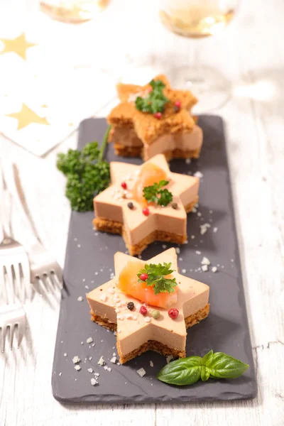 Festive Canape Foie Gras Salmon Gingerbread Toast — Stock Photo, Image