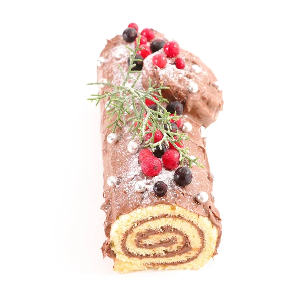 Yule Log Weihnachtsgebäck Mit Schokolade Und Beeren Früchte Auf Weißem — Stockfoto