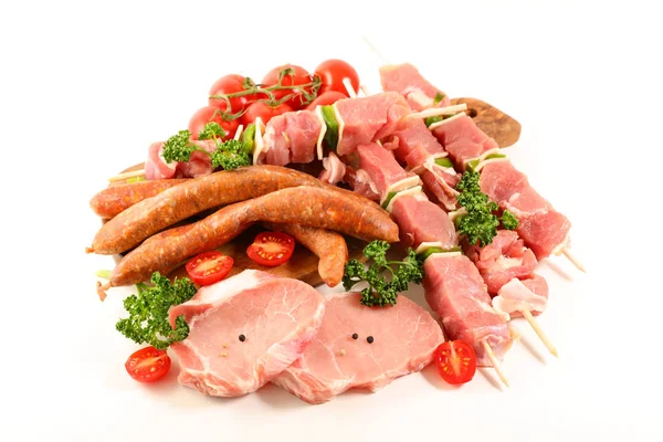 Sortiert Aus Rohem Fleisch Wurst Schweinekotelett Und Spieß — Stockfoto