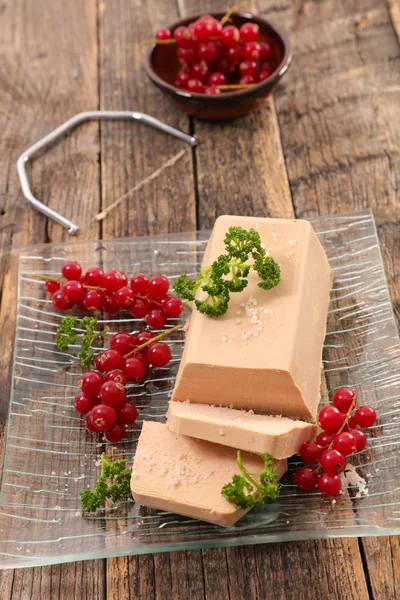 Foie Gras Red Currant Wood Background — Stock Photo, Image