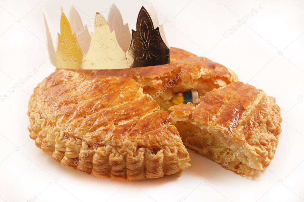 galette des rois, epiphany cake with ingredient and crown isolated on white background