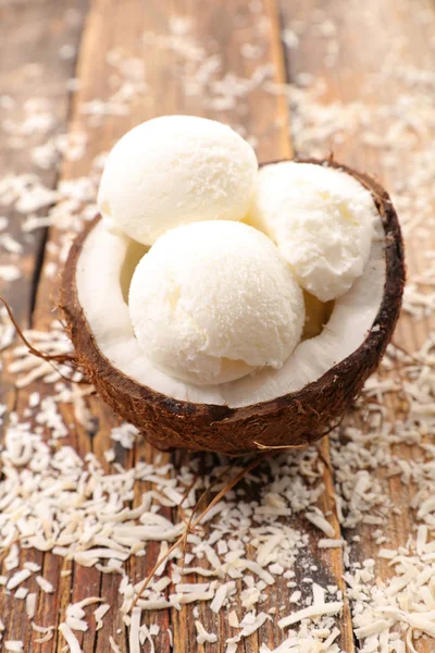 coconut ice cream on wood background