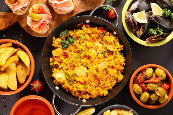 Assorted Spanish Dish Paella Mussel Tapas — Stock Photo, Image