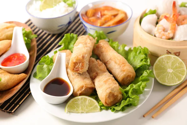 Assorted Asian Food Spring Roll Soy Sauce Dumpling — Stock Photo, Image