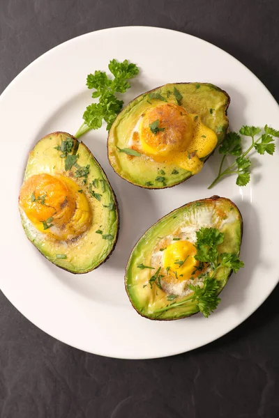 Baked Avocado Egg Herbs — Stock Photo, Image