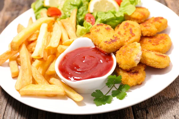 Fried Nugget French Fries Ketchup — Stock Photo, Image
