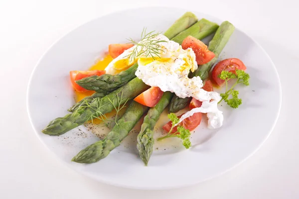 Asparagus Poached Egg Tomato Plate — Stock Photo, Image