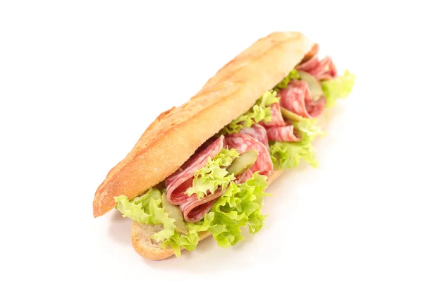 Sandwich Baguette Mit Salami Und Salat — Stockfoto