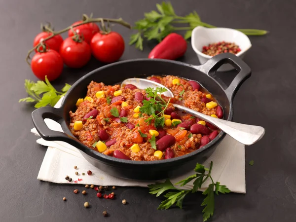 Chili Con Carne Fasole Carne Vită Tocată Condimente — Fotografie, imagine de stoc