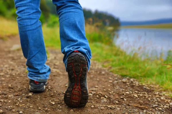 Legs Lonely Man Wearing Jeans Walking Path Lake Travel Concept — Stock Photo, Image