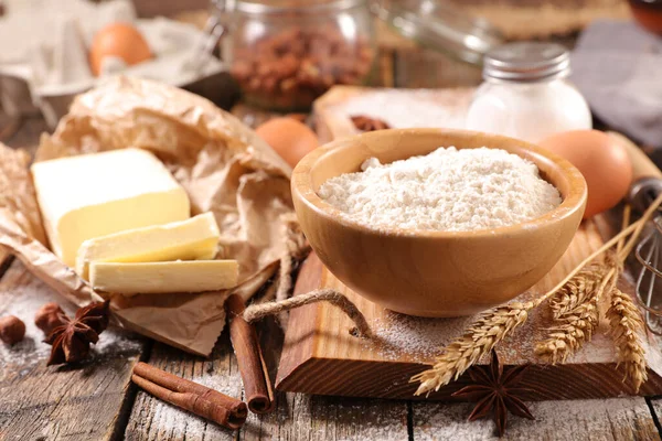 Ingrediente Panificação Para Bolo Bolachas Farinha Manteiga Chocolate Açúcar — Fotografia de Stock