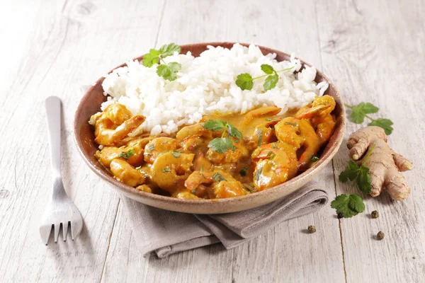 Crevettes Cuites Avec Sauce Curry Riz — Photo