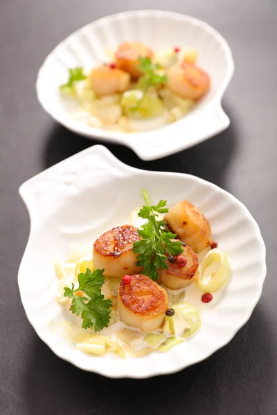 Fried Scallop Leek Cream — Stock Photo, Image