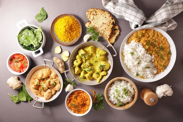 Assortment Indian Dish Naan Curry Chicken Rice Tikka Masala — Stock Photo, Image