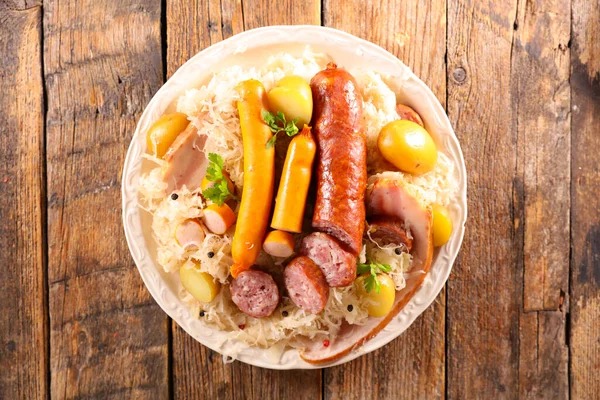 Sauerkraut Cabbage Potato Sausage — Stock Photo, Image