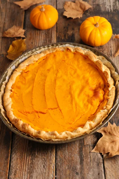 Traditional Pumpkin Pie Wood Background — Stock Photo, Image