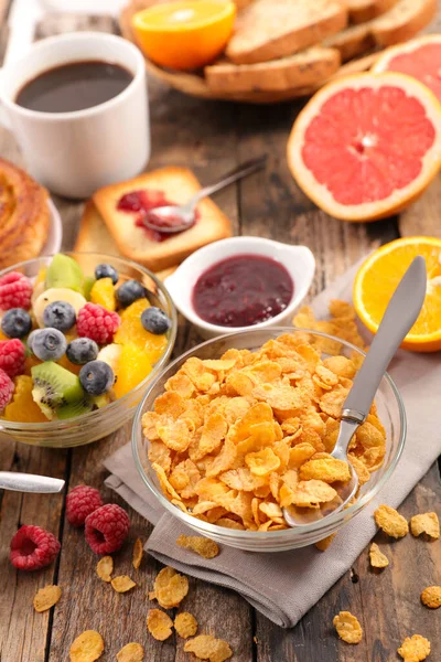 Floco Milho Frutas Frescas Pão Xícara Café — Fotografia de Stock