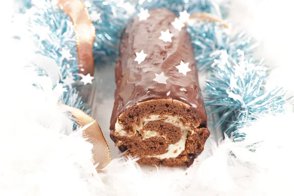Boże Narodzenie Yule Log Boże Narodzenie Ciasto Czekoladowe — Zdjęcie stockowe