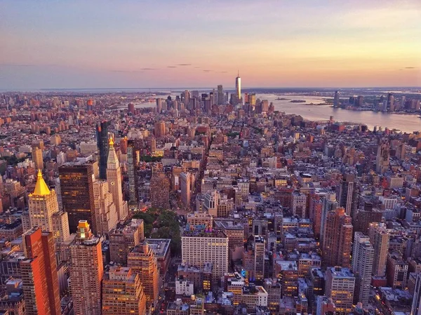 Пташиного Польоту Над Нижньому Мангеттені Побудованим Сонячний День Нью Йорк — стокове фото