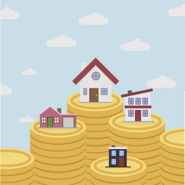 Ilustración Minimalista Diferentes Casas Parte Superior Las Pilas Monedas Concepto — Vector de stock