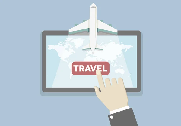 Illustration Eines Urlaubs Und Reisebuchungskonzeptes Tablet Übergabe Drückt Reisetaste Eps10 — Stockvektor