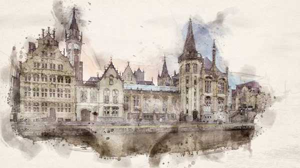 Aquarell ghent Gebäude — Stockfoto