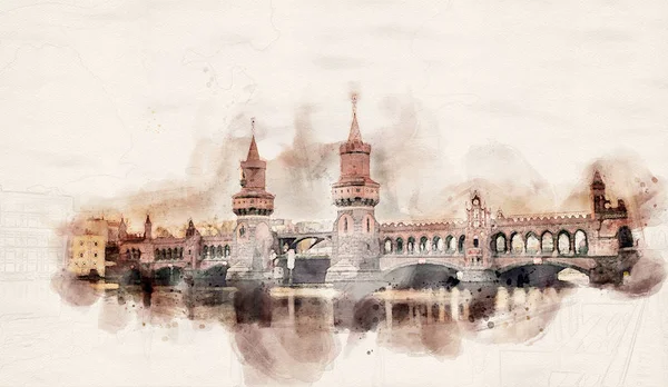 Aquarell oberbaumbrücke berlin — Stockfoto