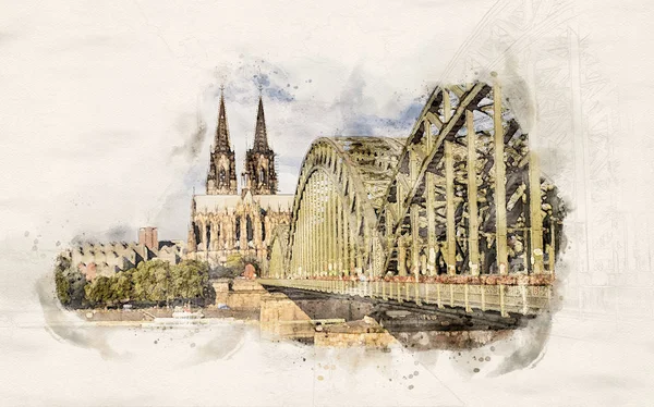 Aquarel Keulen kathedraal en brug — Stockfoto