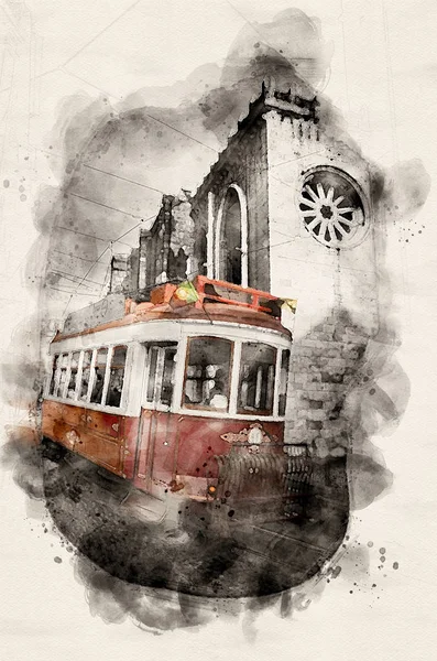 Akwarela czerwona tramwaj — Zdjęcie stockowe