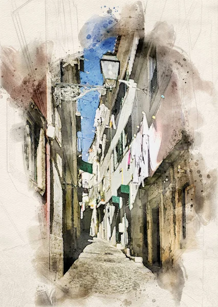 Aquarel straten van Lissabon — Stockfoto