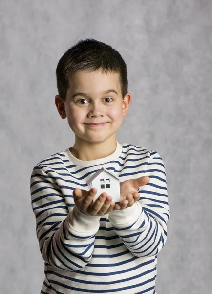 Child Hands Hold White Toy House Concept Private Housing Real — Stock Photo, Image