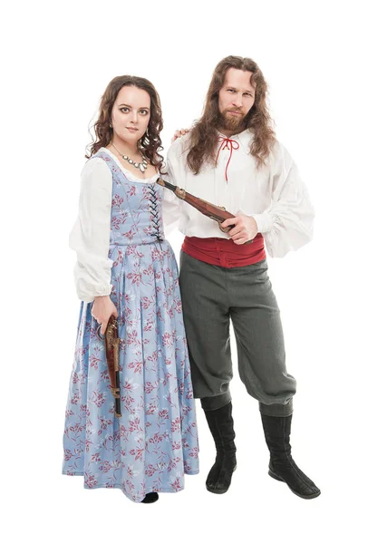 Belle Couple Femme Homme Vêtements Médiévaux Avec Pistolets Isolés Sur — Photo