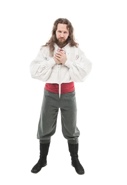 Красивый Человек Историческом Пиратском Костюме Кинжалом Изолированным Белом — стоковое фото