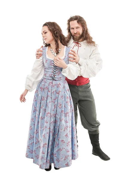 Güzel Çift Kadın Erkek Üzerinde Beyaz Izole Ortaçağ Giysileri — Stok fotoğraf