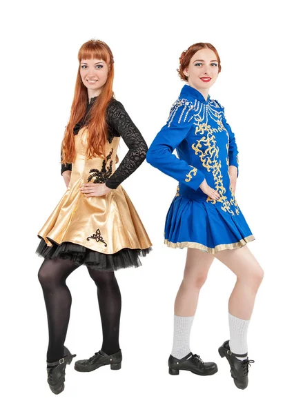 Two Beautiful Women Dresses Irish Dance Isolated White — Stock Photo, Image