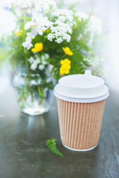 Blank Take Away Paper Cup Coffee Old Table Mock Design — Stock Photo, Image