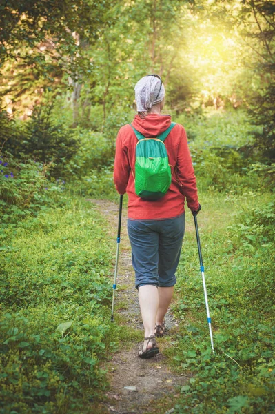 Kadın hiker ormanda yürüyüş sopa ile. Geri poz. Turizm kavramı