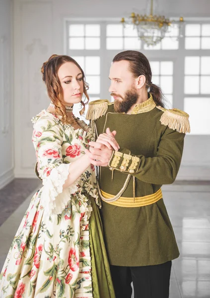 Beautiful Couple Man Woman Historical Medieval Costumes — Stock Photo, Image