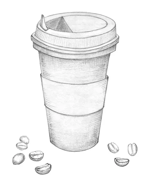 Tasse Café Avec Grains Café Dessinés Main Illustration Vectorielle — Image vectorielle