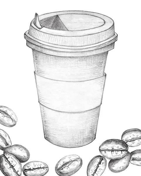 一杯のコーヒーとコーヒー豆 手描きです ベクトル図 — ストックベクタ
