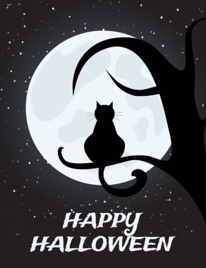 Dolunay ve ağaç üzerinde siyah kedi halloween gece arka plan